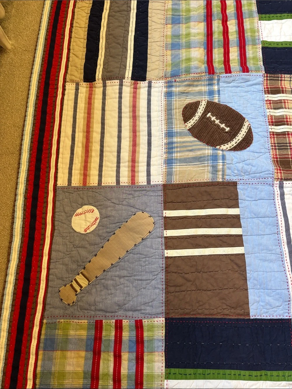 Pottery Barn Teen Sports Patchwork Quilt - Navy, Brown, Green, Red, Blue, Tan